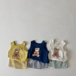 【73-100】セットアップ ベビー くまさんベスト＆チェックショートパンツ - 画像 (4)