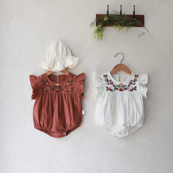 【66-90cm】ロンパース ベビー フリル袖 花刺繍