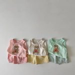 【73-100】セットアップ ベビー くまさんベスト＆チェックショートパンツ - 画像 (3)