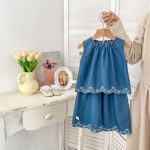 【73-120】セットアップ ベビー 女の子 デニムトップス&パンツ ノースリーブ - 画像 (4)