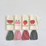【80-130】セットアップ キッズ服 フルーツ柄 トップス＆チェックショートパンツ