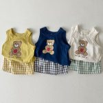 【73-100】セットアップ ベビー くまさんベスト＆チェックショートパンツ