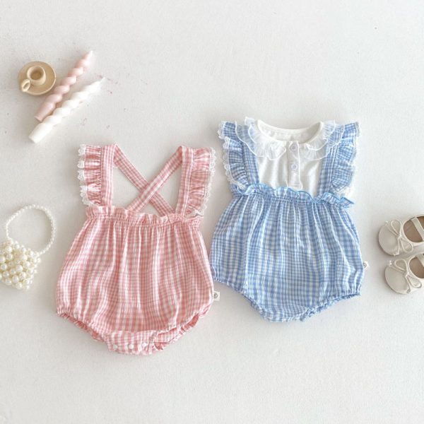 【66-90cm】サロペットロンパース ベビー フリル袖 チェック