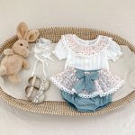 【73-110】セットアップ ベビー 花柄 レース リボン付き - 画像 (2)