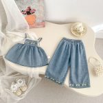 【73-120】デニムセットアップ ベビー 女の子 フラワー 刺繍 - 画像 (3)