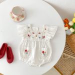 【66-100】ロンパース ベビー 女の子 花刺繍 スクエアネック - 画像 (4)