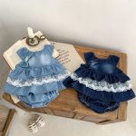 【66-100】セットアップ ベビー デニム レース トップス&ブルマ - 画像 (5)