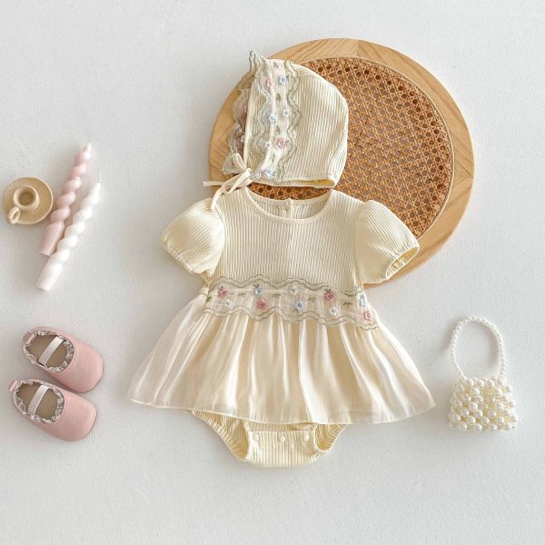【66-90cm】ロンパース&帽子 ベビー 女の子 クリーム ワンピース風