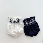 【66-90】ロンパース ベビー ナチュラル 花刺繍 スクエア襟