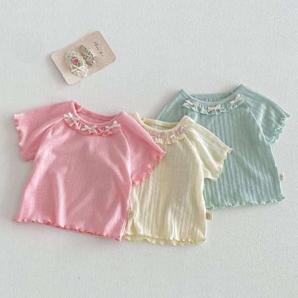 【73-120cm】Tシャツ ベビー 女の子 フリル 蝶結び