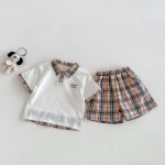 【73-120】半袖Tシャツ or チェックショートパンツ 韓国風 刺繍ロゴ