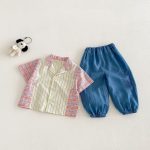 【73-120】半袖シャツ or デニムパンツ 韓国風 ストライプ - 画像 (4)
