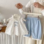 【73-100】セットアップ トップス&パンツ ベビー 女の子 小花柄 ノースリーブ レース裾 - 画像 (3)