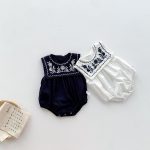 【66-90】ロンパース ベビー ナチュラル 花刺繍 スクエア襟 - 画像 (5)