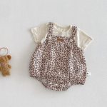 【66-90】セットアップ サロペットロンパース＆リブTシャツ ベビー レオパード柄