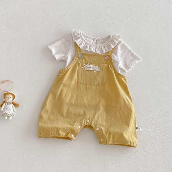 【66-90cm】セットアップ サロペット＆Tシャツ ベビー 女の子 フリル襟 大きめポケット