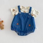 【66-90】セットアップ デニムロンパース＆Tシャツ ベビー くま柄 - 画像 (2)