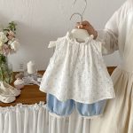 【73-100】セットアップ トップス&パンツ ベビー 女の子 小花柄 ノースリーブ レース裾 - 画像 (4)