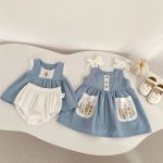【73-110】セットアップ or ワンピース ベビー 女の子 韓国風 花刺繍 - 画像 (3)