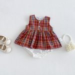 【66-90】ロンパース レッド チェック 可愛い ベビー服