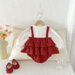 【66-90】ロンパース レイヤード ドット レッド 可愛い ベビー服 - 画像 (3)