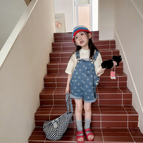 【80-130cm】ショートパンツ 女の子 デニム 星 オーバーオール
