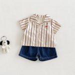 【73-100】シャツ or デニムショートパンツ 韓国風 ストライプ - 画像 (3)