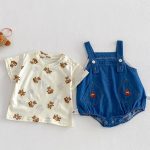 【66-90】セットアップ デニムロンパース＆Tシャツ ベビー くま柄 - 画像 (5)