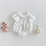 【66-90】ロンパース ベビー 女の子 ラウンドネック 刺繍