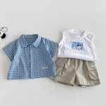 【73-100】シャツ or ベスト or ショートパンツ ベビー チェック カートゥーン