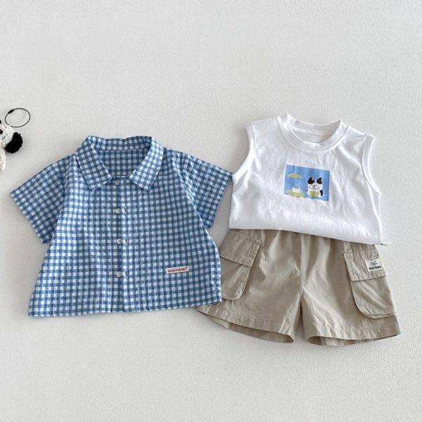 【73-100cm】シャツ or ベスト or ショートパンツ ベビー チェック カートゥーン