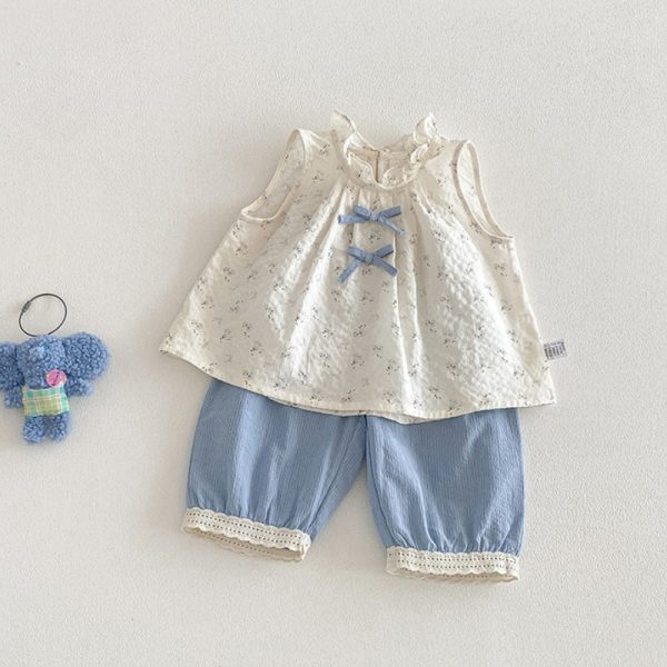 【73-100cm】セットアップ トップス＆パンツ ベビー 女の子 小花柄 ノースリーブ レース裾
