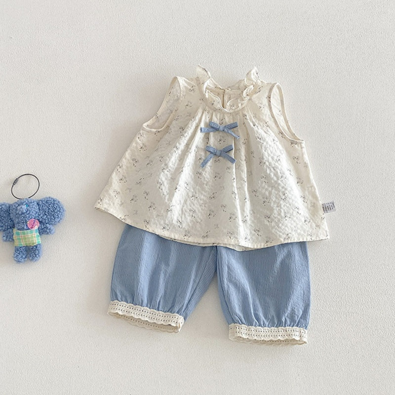 11_2960c00b-9697-4a49-aab9-2e1606b75a85.jpg 【73-100】セットアップ トップス&パンツ ベビー 女の子 小花柄 ノースリーブ レース裾 - 画像 (1)