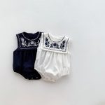 【66-90】ロンパース ベビー ナチュラル 花刺繍 スクエア襟 - 画像 (3)