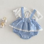 【66-90】セットアップ サロペットロンパース&リブTシャツ ベビー 女の子 チェック柄 - 画像 (2)