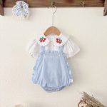 【73-100】サロペットロンパース&ブラウス ベビー いちご刺繍 スウィート - 画像 (3)
