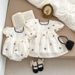 【66-120】ロンパース or ワンピース ベビー 女の子 リボン バブルスリーブ