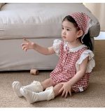 【66-90】ロンパース&ヘッドバンド ベビー 女の子 レース チェック - 画像 (2)