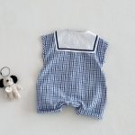 【66-90】ロンパース クマロゴ チェック セーラー 可愛い ベビー服 - 画像 (3)