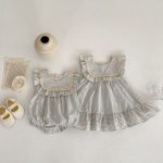 【66-130】ロンパース or ワンピース ベビー 女の子 ストライプ フリル