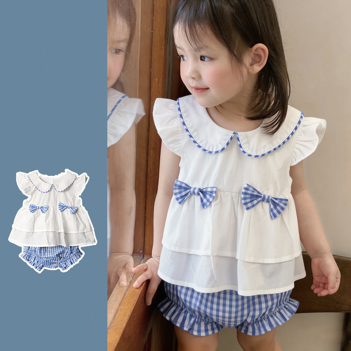 18d850415326d465f61314c6eaafe1a0.jpg 【73-110】ブラウス&ブルマ ブルー 蝶結び 女の子 - 画像 (1)