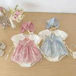 【66-90】セットアップ フラワー刺繡 ロンパース&帽子 - 画像 (6)