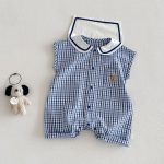 【66-90】ロンパース クマロゴ チェック セーラー 可愛い ベビー服