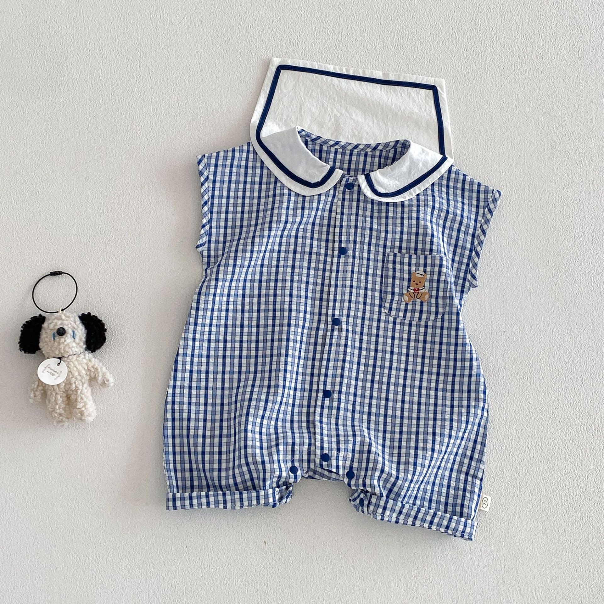 246e12d0934798cdc03c9f5b8b4bee45.jpg 【66-90】ロンパース クマロゴ チェック セーラー 可愛い ベビー服 - 画像 (1)