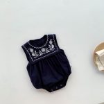 【66-90】ロンパース ベビー ナチュラル 花刺繍 スクエア襟 - 画像 (6)