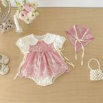 【66-90】セットアップ フラワー刺繡 ロンパース&帽子 - 画像 (9)