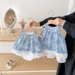【66-100】姉妹服 ノースリーブ ブルーロンパースorワンピース - 画像 (10)