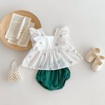 【66-100】トップス&ブルマ 花刺繡 グリーン 女の子 可愛い セットアップ - 画像 (3)