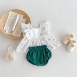 【66-100】トップス&ブルマ 花刺繡 グリーン 女の子 可愛い セットアップ
