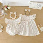 【66-140】ロンパース or ワンピース ベビー 女の子 花柄 肩フリル - 画像 (5)